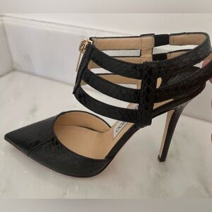 Jimmy Choo 133 Giulia Elaphe Snake Strappy Heels with Zipper Accent, Black